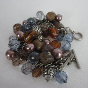 Chicos Charm Bracelet Amber Blue Mauve Purple Antique Silvertone Multiple Beads